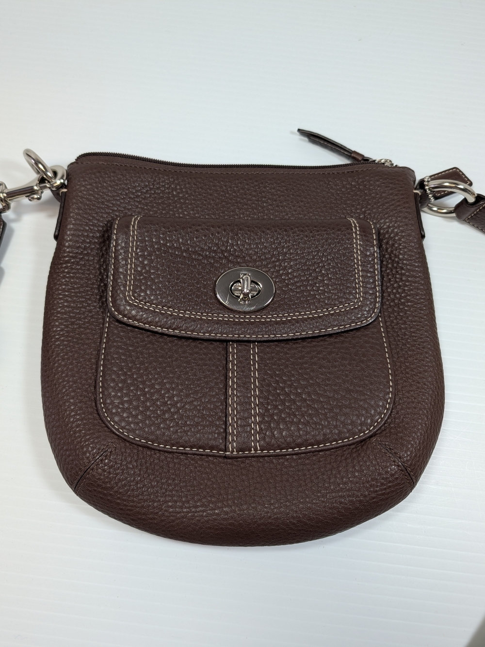 Coach Chocolate Brown Pebbled Leatherman Chelsea Crossbody Turnlock Purse Strap